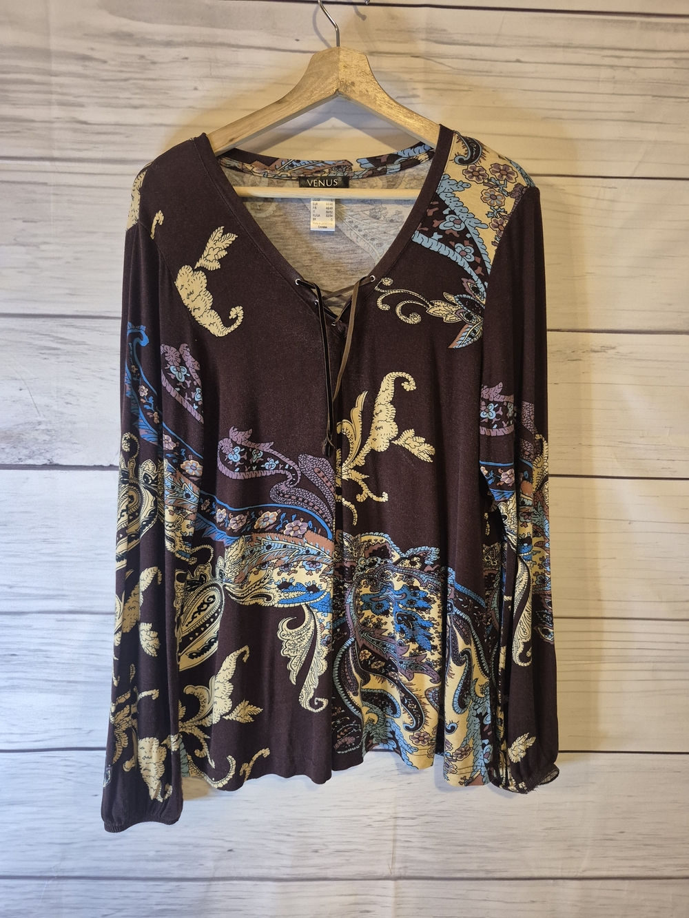 VENUS Brown Paisley Lace-Up V-Neck Long Sleeve Blouse with Blue & Gold Accents
